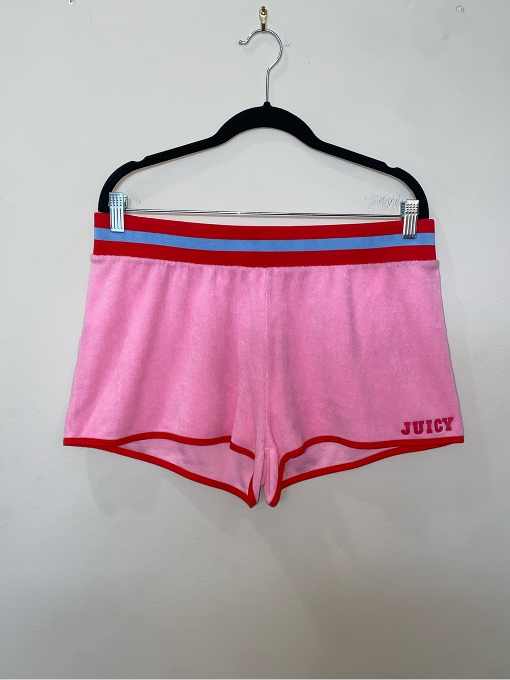Juicy Couture Y2K Pink Terry Cloth Athletic Shorts with Retro Striped Waistband